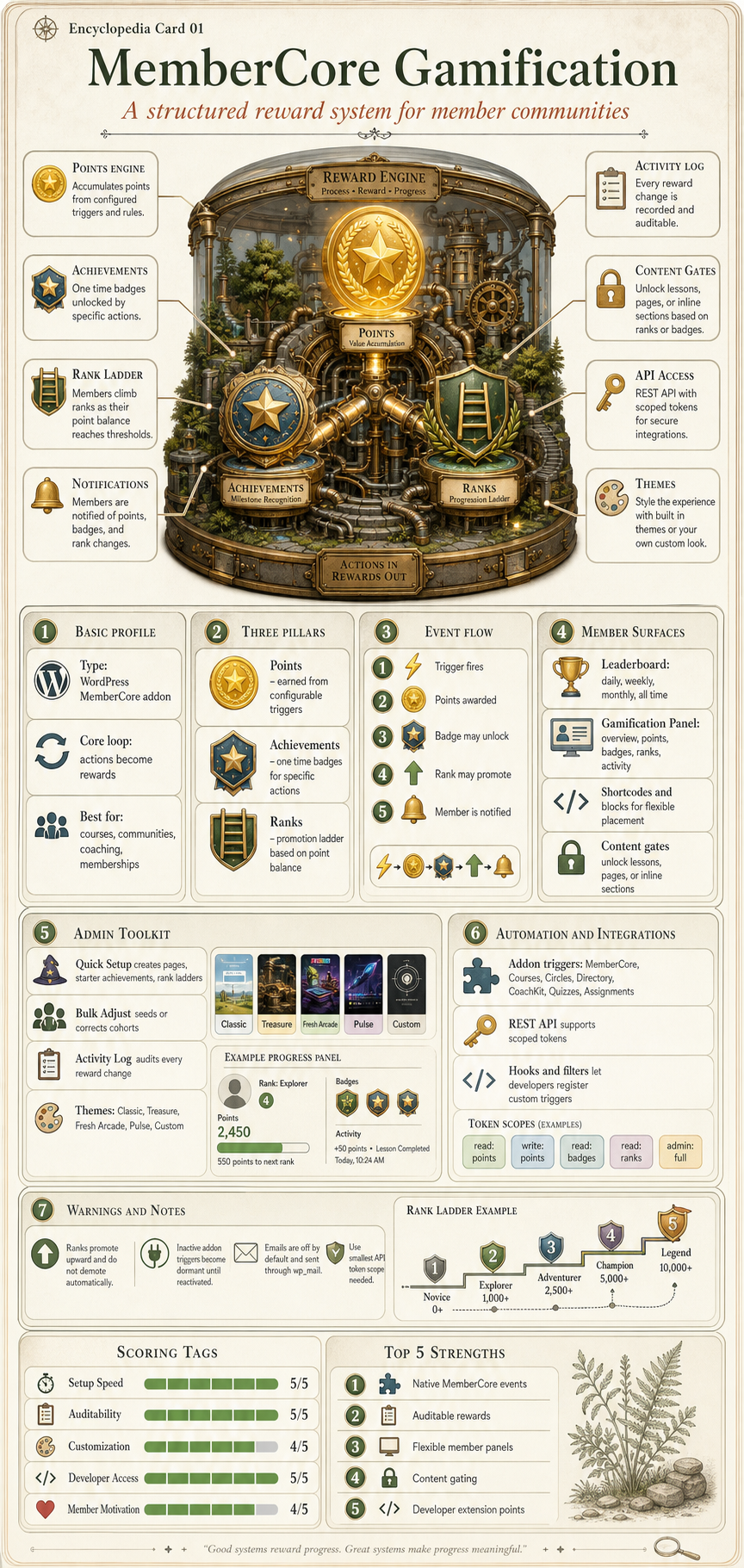 MemberCore Gamification encyclopedia-style infographic explaining points, achievements, ranks, leaderboards, content gating, integrations, and developer tools.