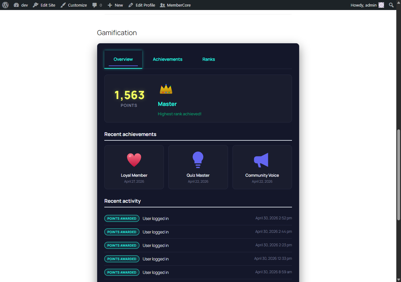 Directory profile page rendering the gamification panel with Overview, Achievements, and Ranks tabs