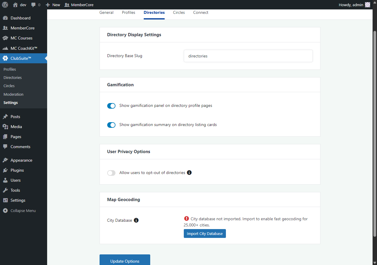 ClubSuite Directories settings showing the Gamification section with two enabled toggles