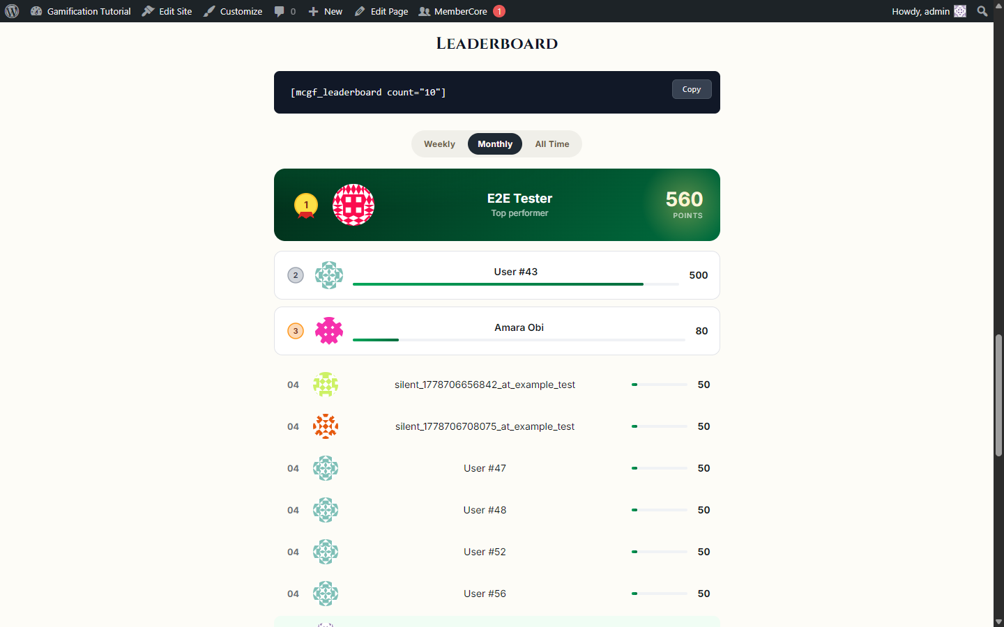 Tabbed leaderboard with the active month tab, full podium, and ranks 4-10