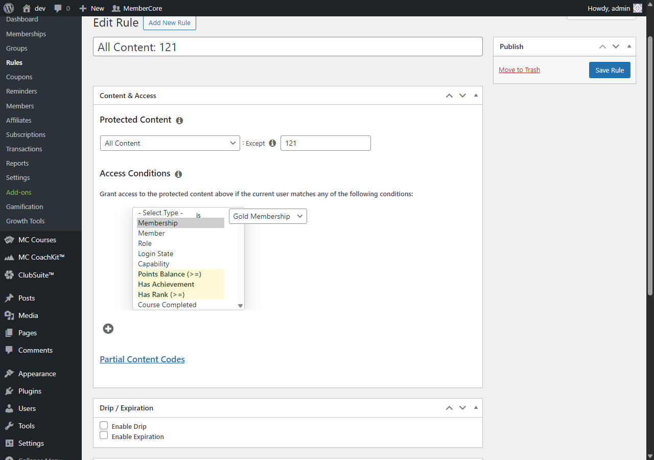 MemberCore rule access-types dropdown expanded with the three gamification additions highlighted: Points Balance, Has Achievement, Has Rank