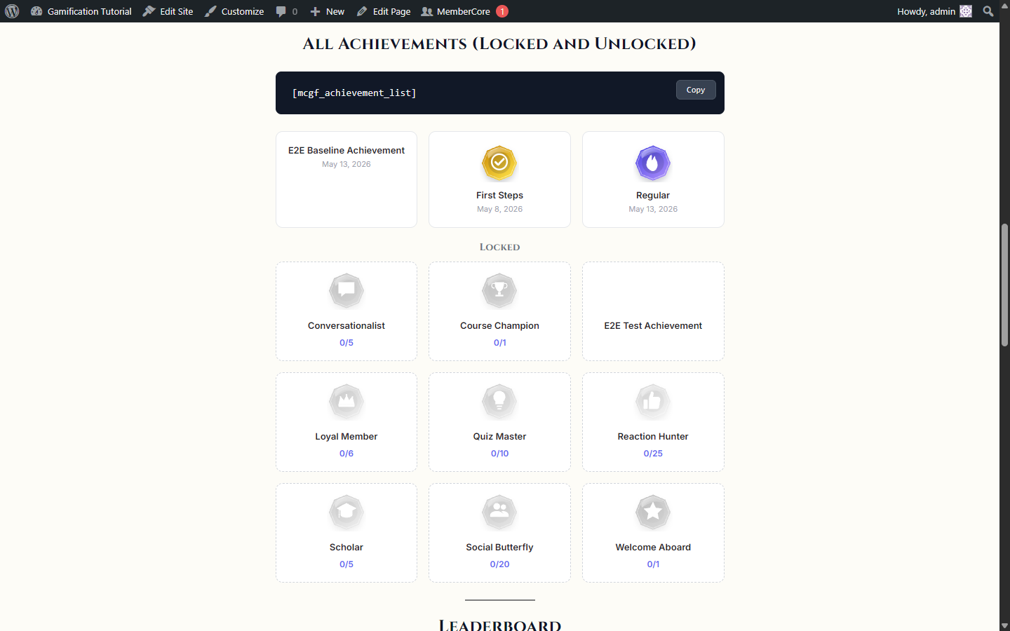 All achievements with earned/locked states