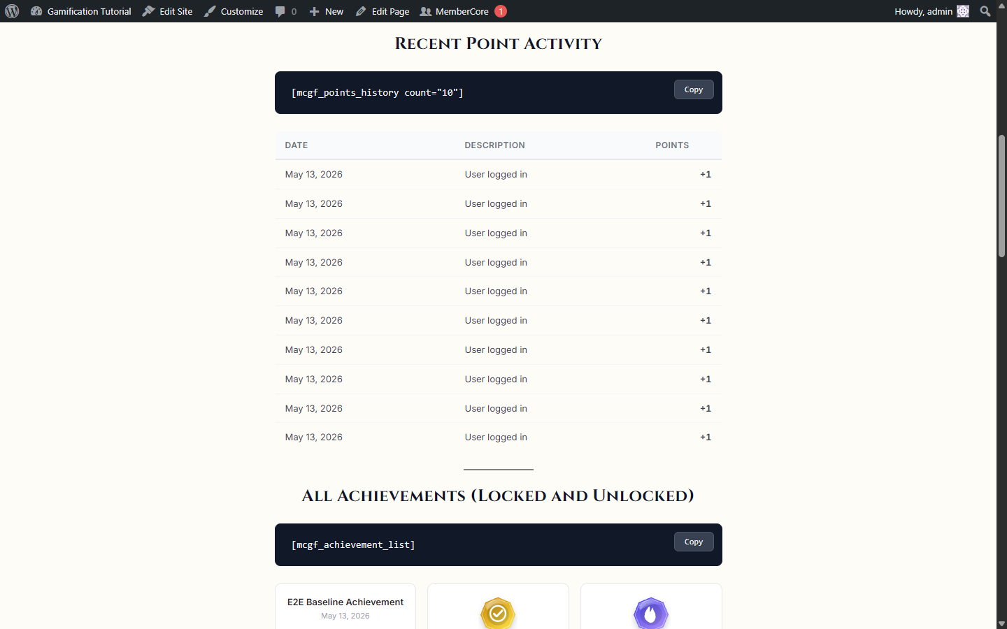 Points history table