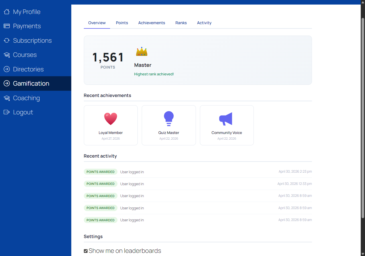 Member account gamification panel with the Classic theme