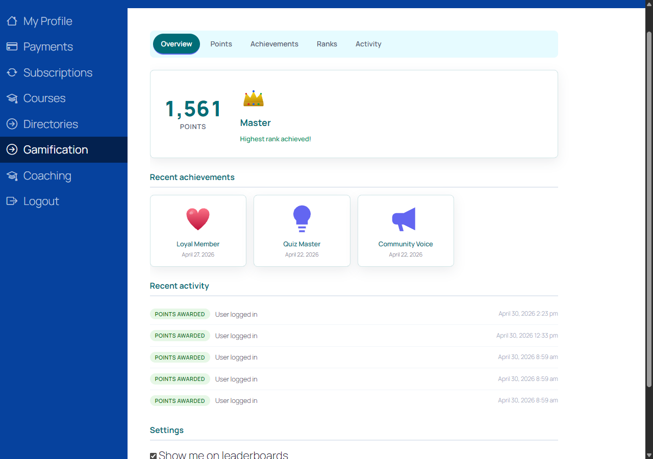 Member account gamification panel with the Fresh Arcade theme