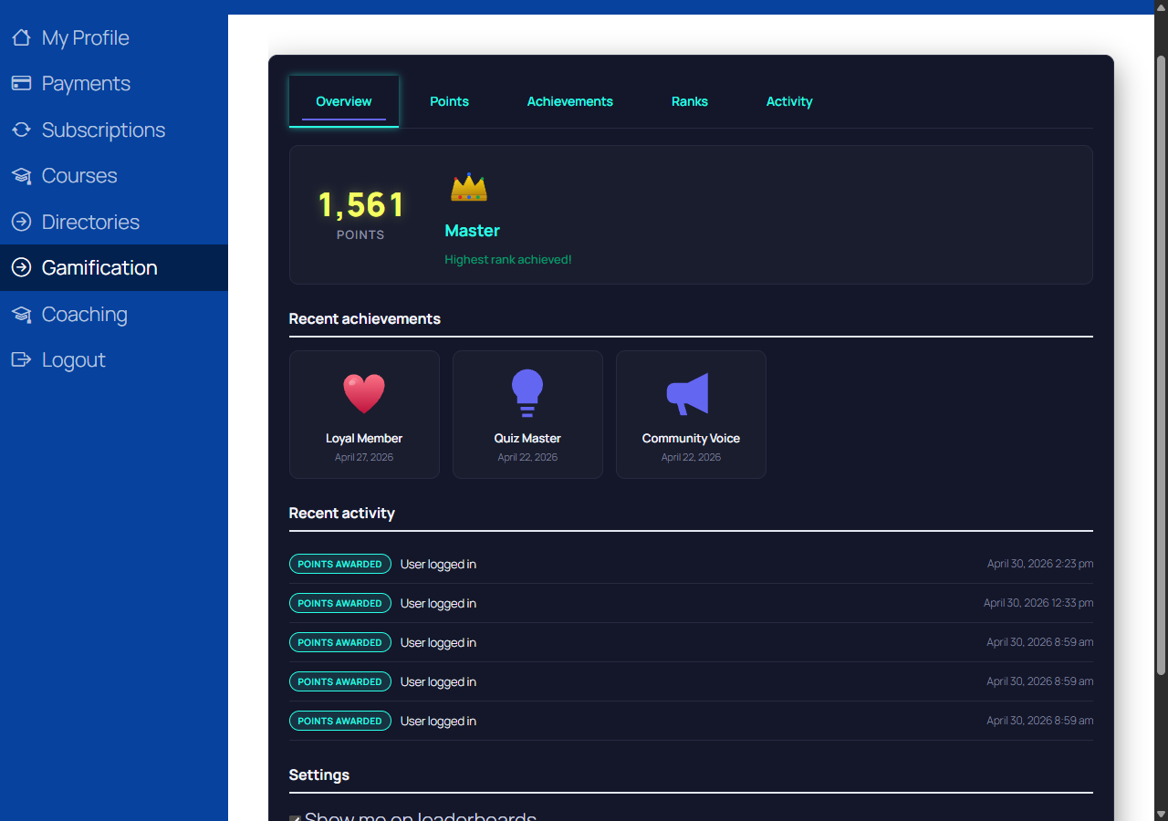 Member account gamification panel with the Pulse theme