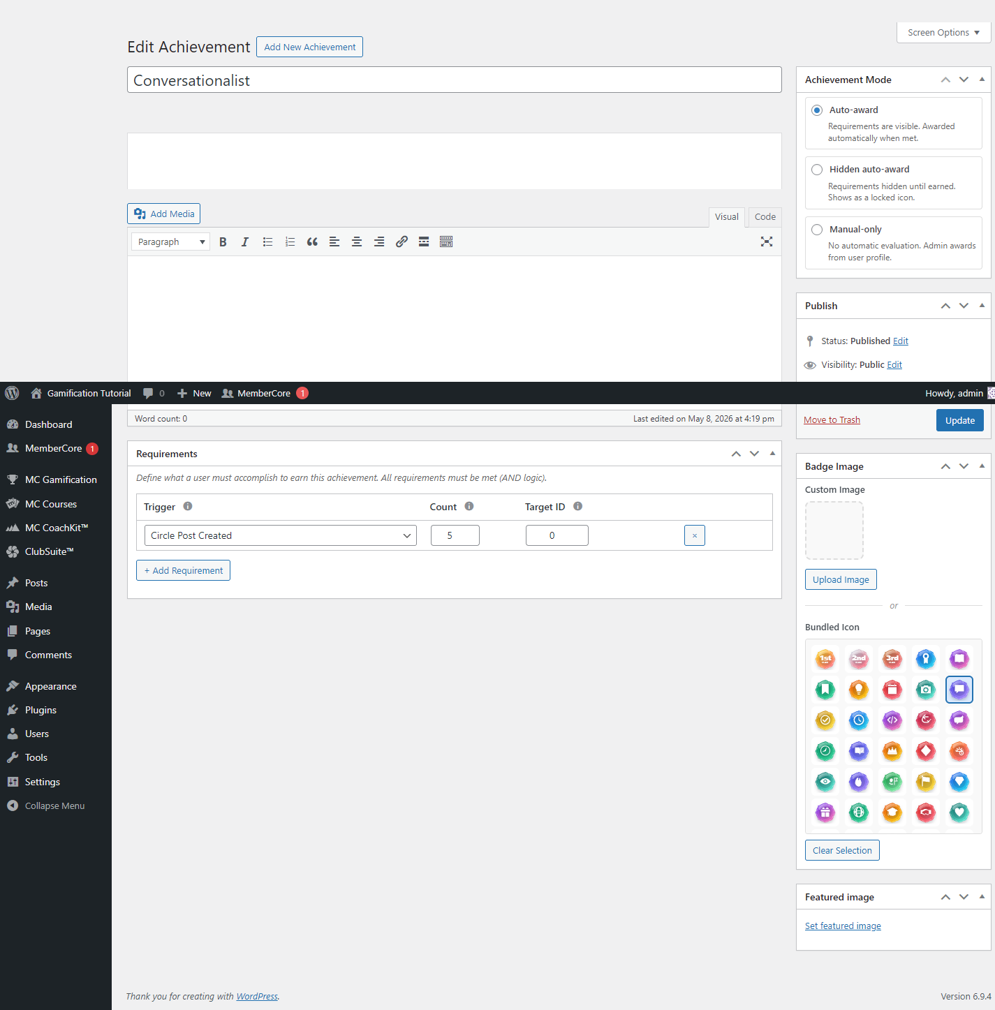 Edit Achievement screen with the Select trigger dropdown open, listing options like User Login, Signup Completed, Transaction Completed, Lesson Completed, Course Completed, Circle Post Created, Joined a Circle, and Enrolled in Coaching Program. The Achievement Mode panel on the right shows Auto-award, Hidden auto-award, and Manual-only options.