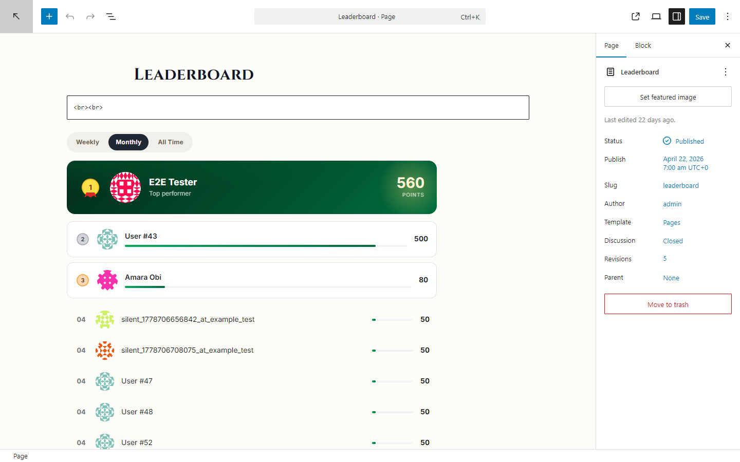 Leaderboard Gutenberg block rendered live in the WordPress block editor
