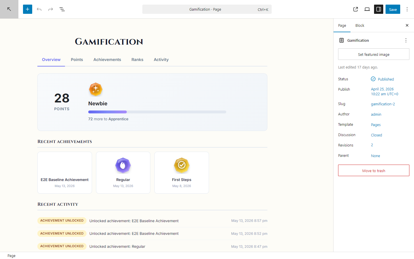 Gamification Panel Gutenberg block rendered live in the WordPress block editor with Overview tab active