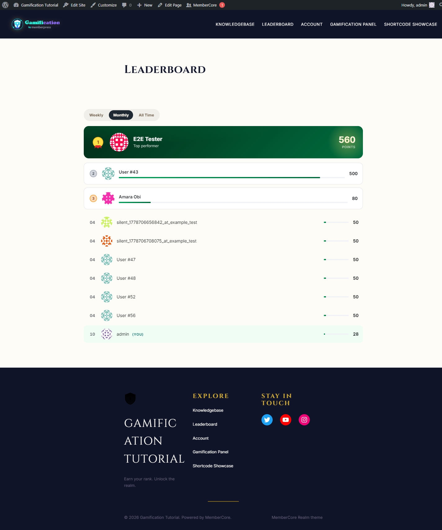Leaderboard frontend page with podium top three, monthly tab active, and ranked list