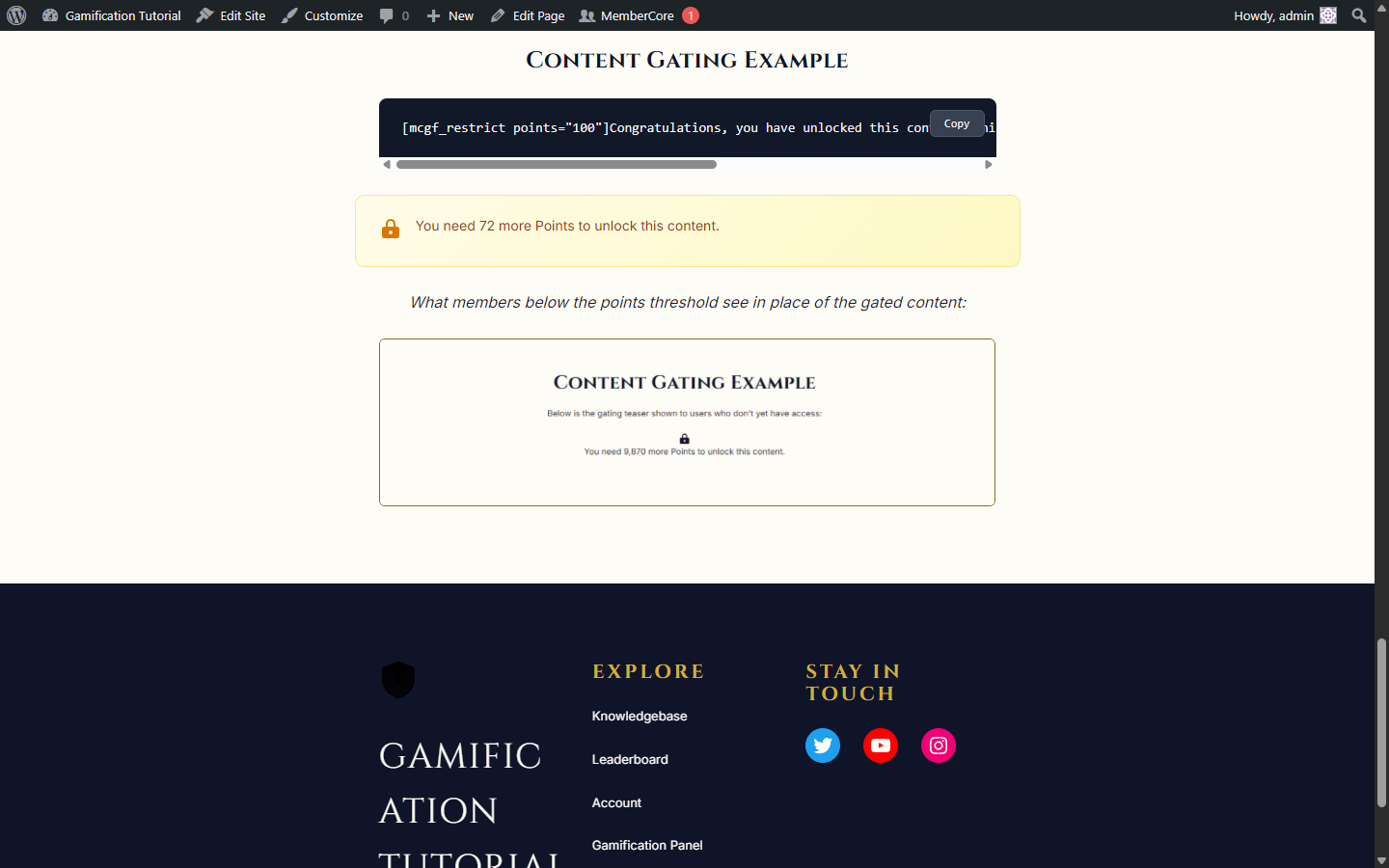 Frontend page rendering an  gated section as a lock icon with progress message, surrounded by open paragraphs