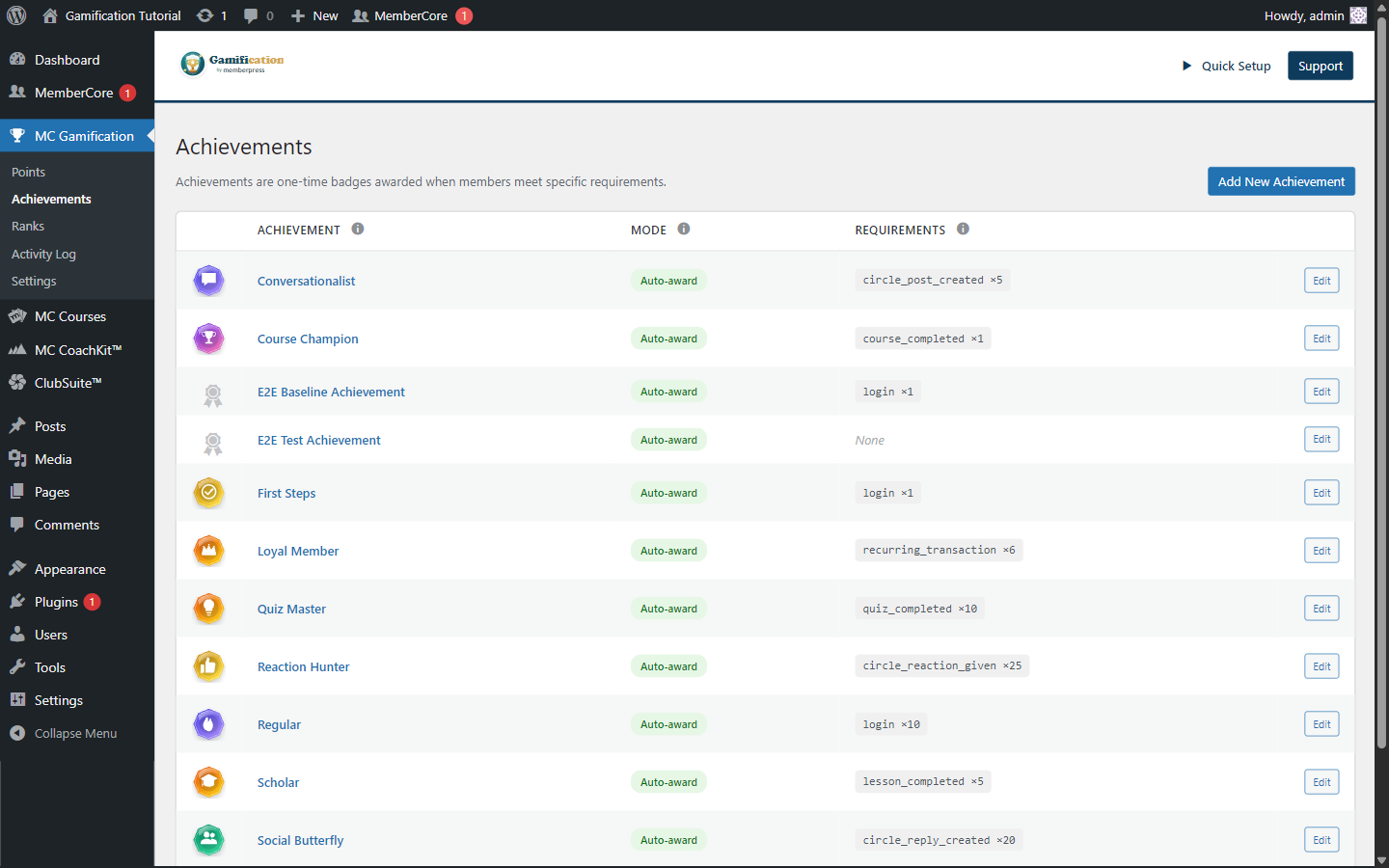 MemberCore Gamification Achievements settings tab showing the achievement list