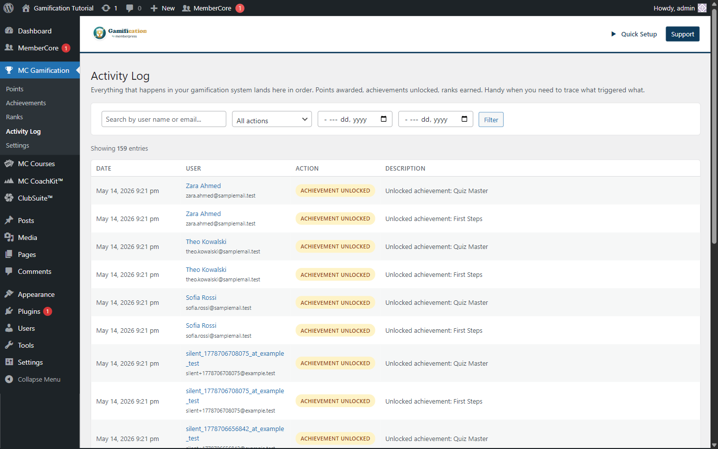 Activity Log tab showing the search box, action filter, date range, Filter button, entry counter, and a paginated table with Date, User, Action, and Description columns