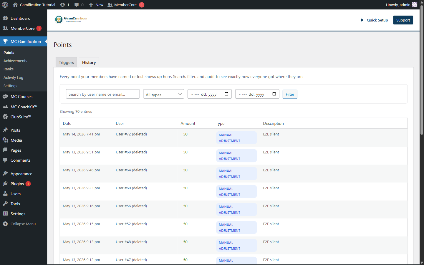 MemberCore Gamification Points settings tab showing the transactional points log