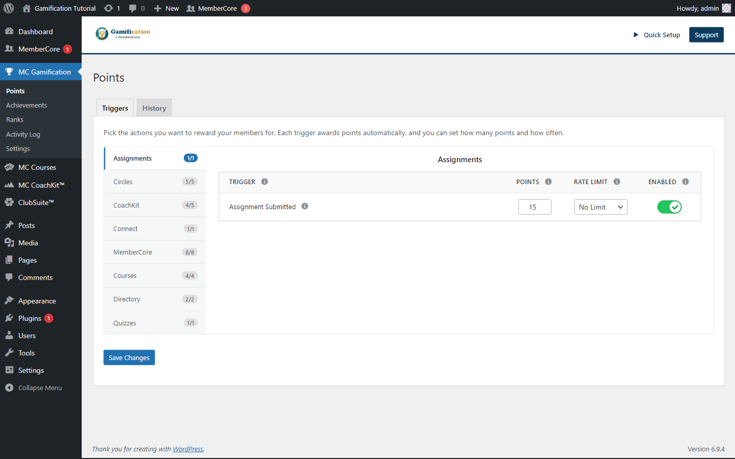 Points Triggers admin tab grouped by addon (Assignments, Circles, CoachKit, Connect, MemberCore, Courses, Directory, Quizzes) with per-trigger point value, rate limit, and enabled toggle