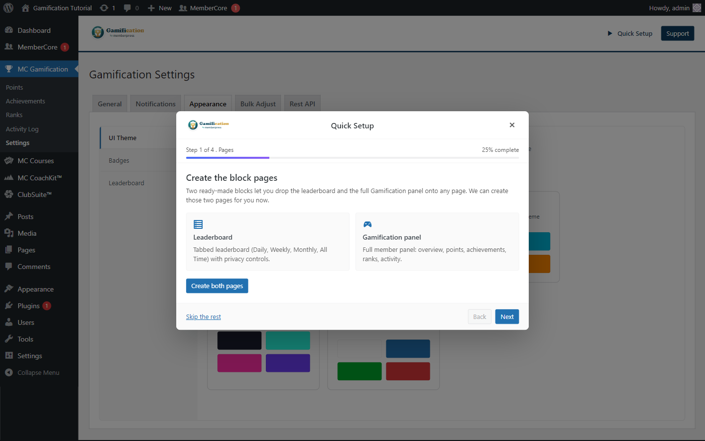 Quick Setup page creation step