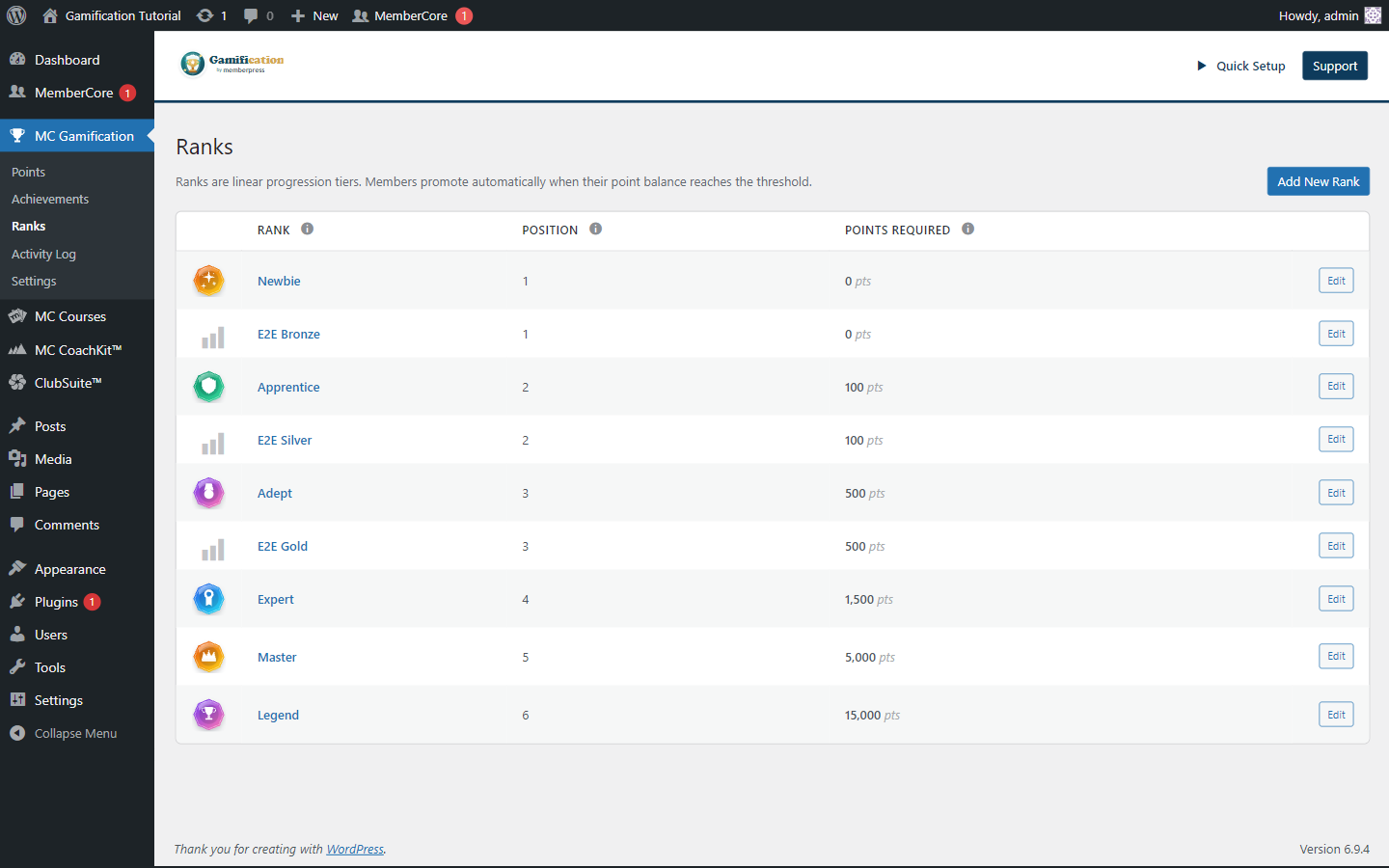 MemberCore Gamification Ranks settings tab showing the rank ladder