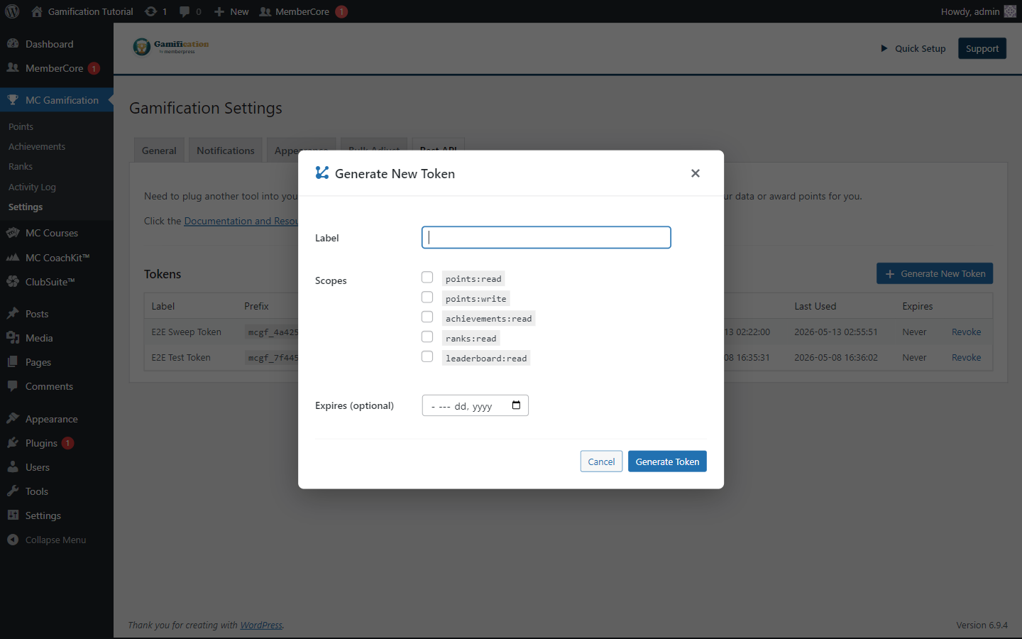 Generate New Token modal showing the Label field, five scope checkboxes (points:read, points:write, achievements:read, ranks:read, leaderboard:read), an optional Expires date, and Generate Token button