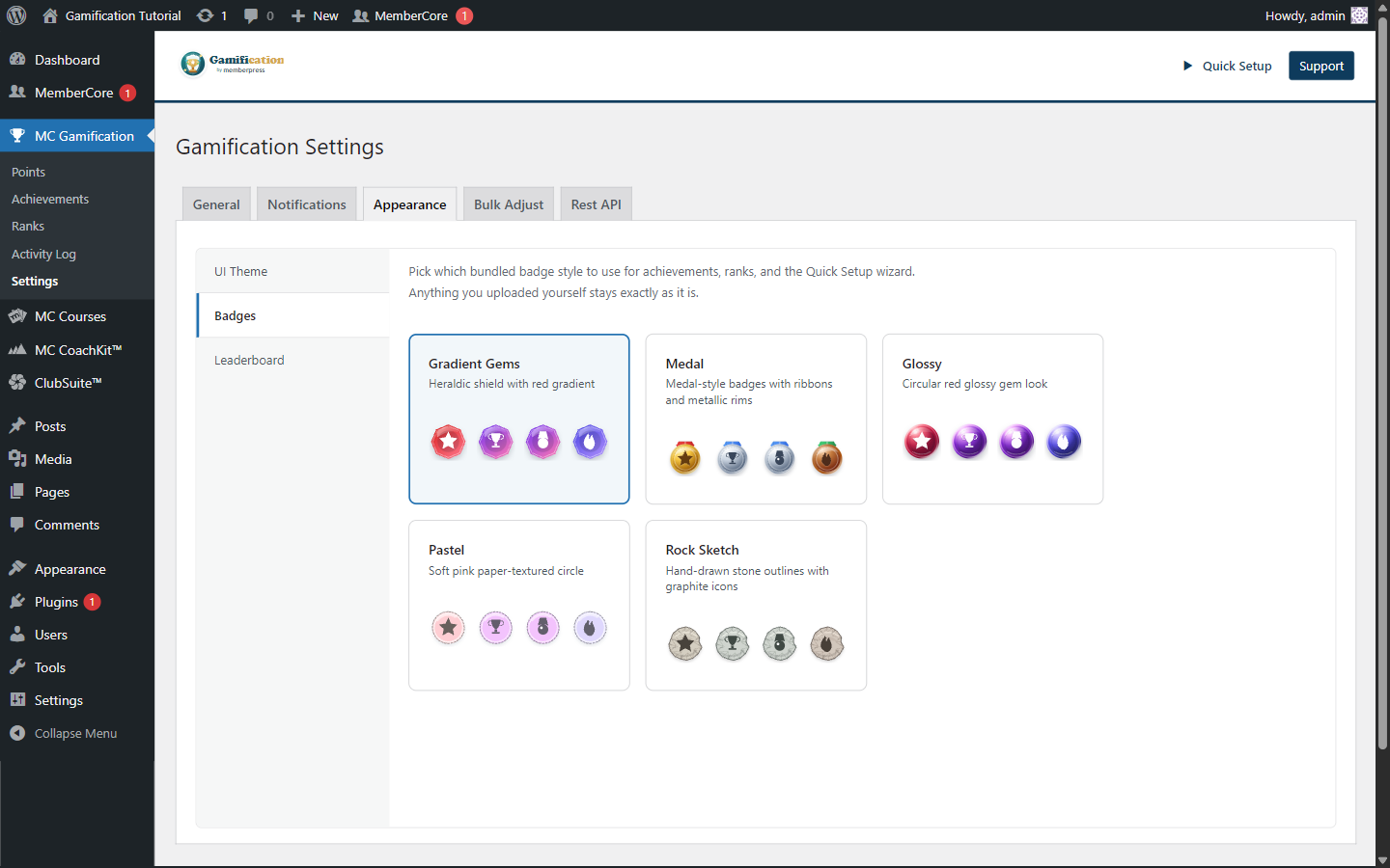 Badge Icon Set picker on Settings > Gamification > General showing five cards: Classic, Medal, Glossy, Pastel, and Rock Sketch