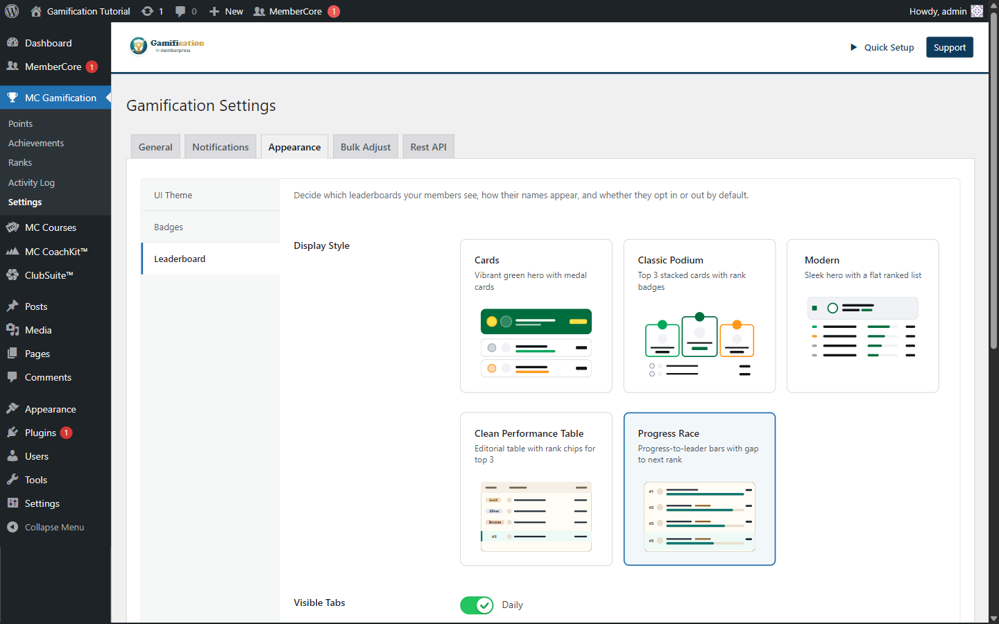 MemberCore Gamification Leaderboard settings tab with display style, visible tabs, default tab, privacy model, name format, and entries per page