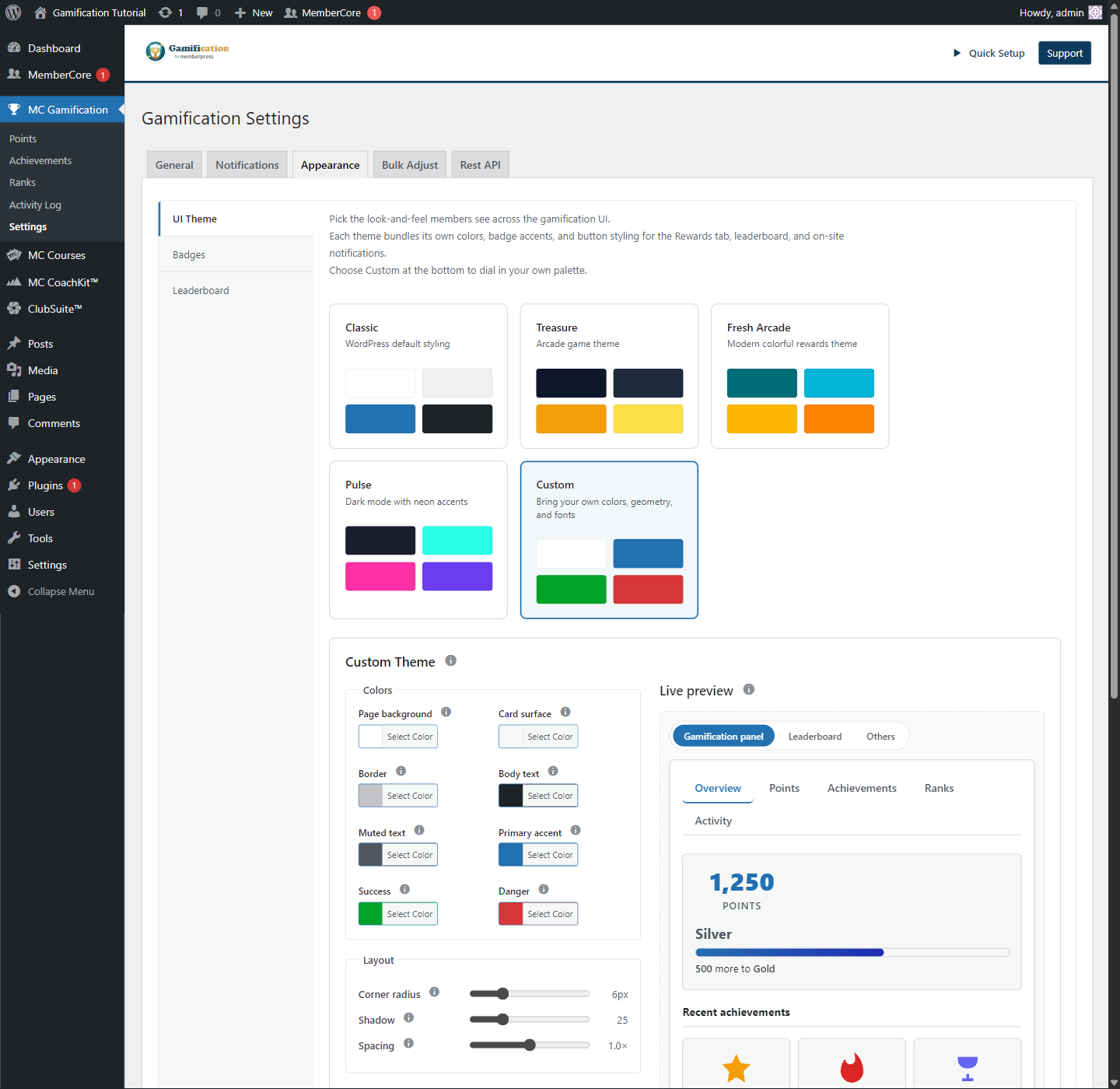 Custom theme editor showing eight color pickers, corner radius shadow and spacing sliders, heading and body font dropdowns, and a live preview of the Gamification panel