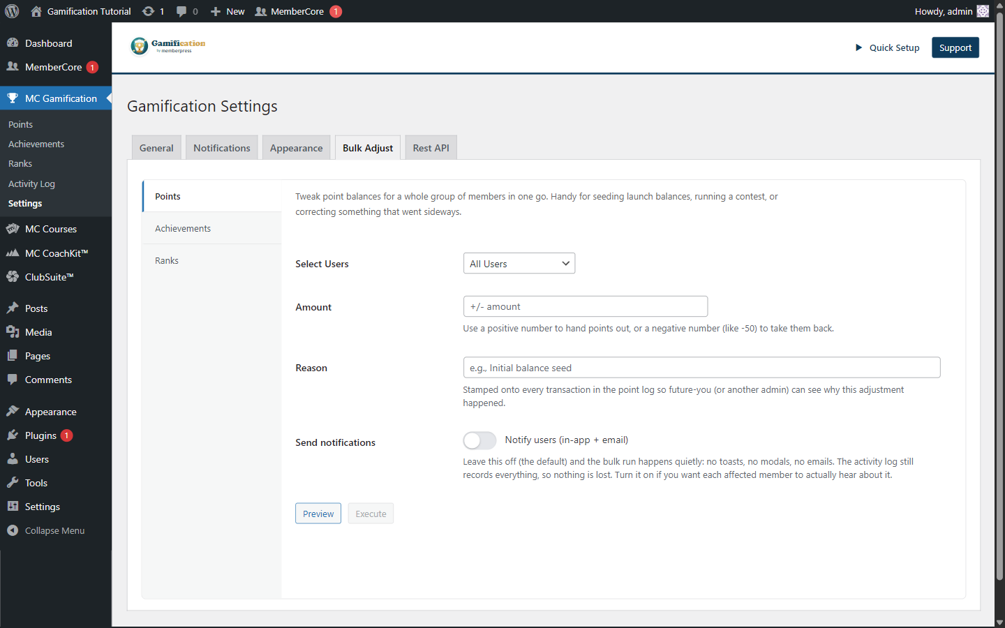 Bulk Adjust Points sub-tab showing user selector amount reason and notify users