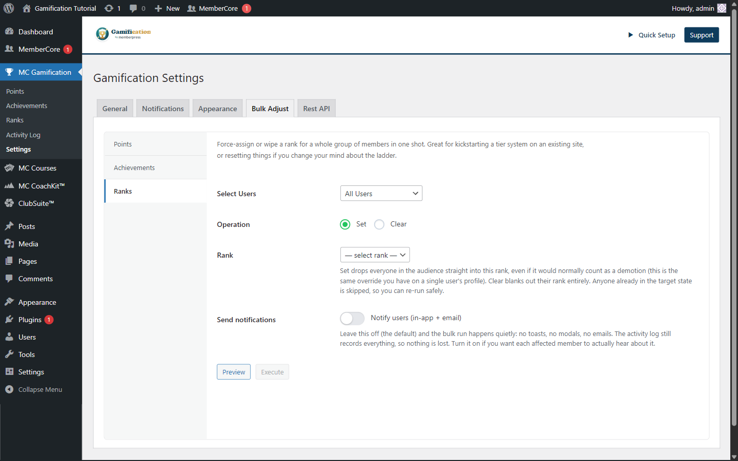 Bulk Adjust Ranks sub-tab showing Set or Clear rank controls
