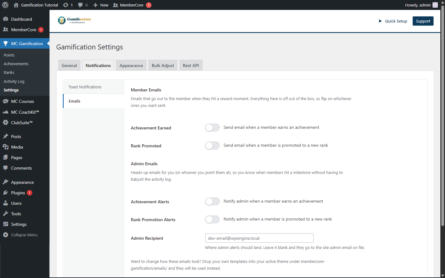 Email settings tab with Member Emails (Achievement Earned, Rank Promoted) and Admin Emails (Achievement Alerts, Rank Promotion Alerts, Admin Recipient) sections