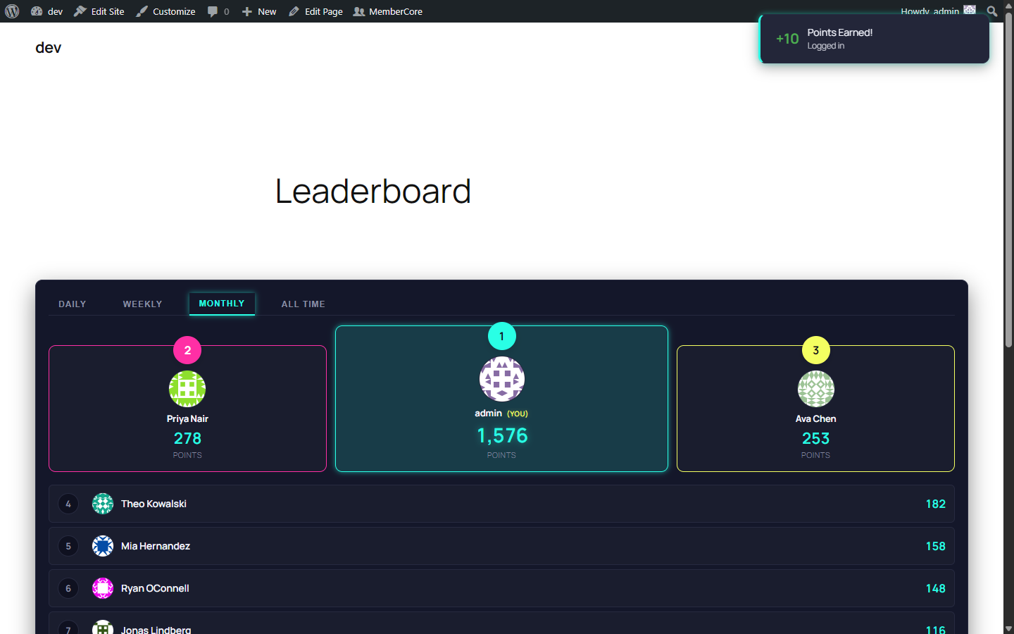 Toast notification top-right showing 10 points earned for logging in