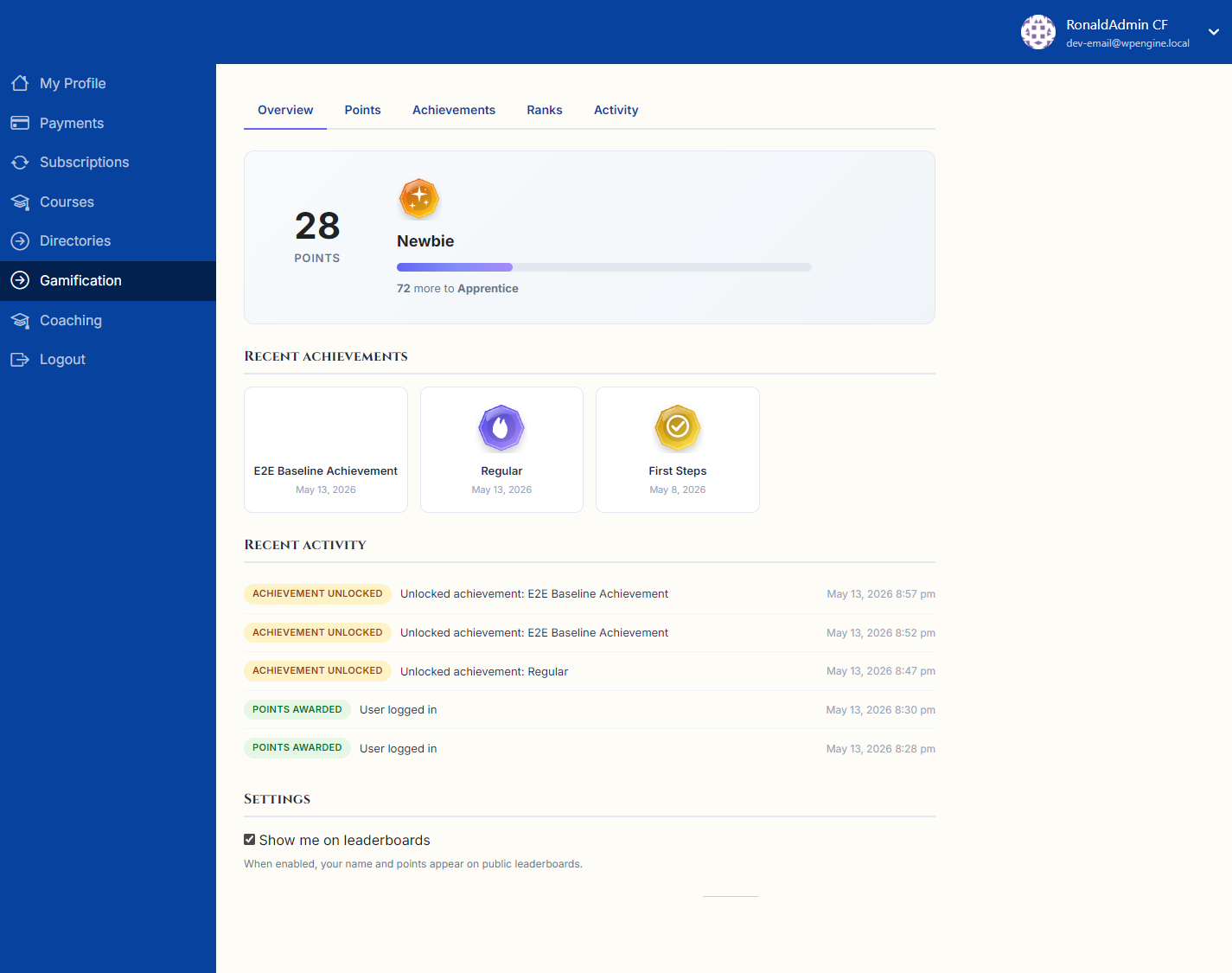 Gamification Panel rendered as a tab on the MemberCore account page