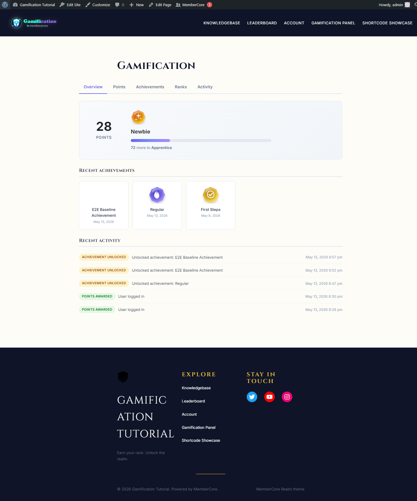 Gamification Panel block rendered on the dedicated Gamification page front end