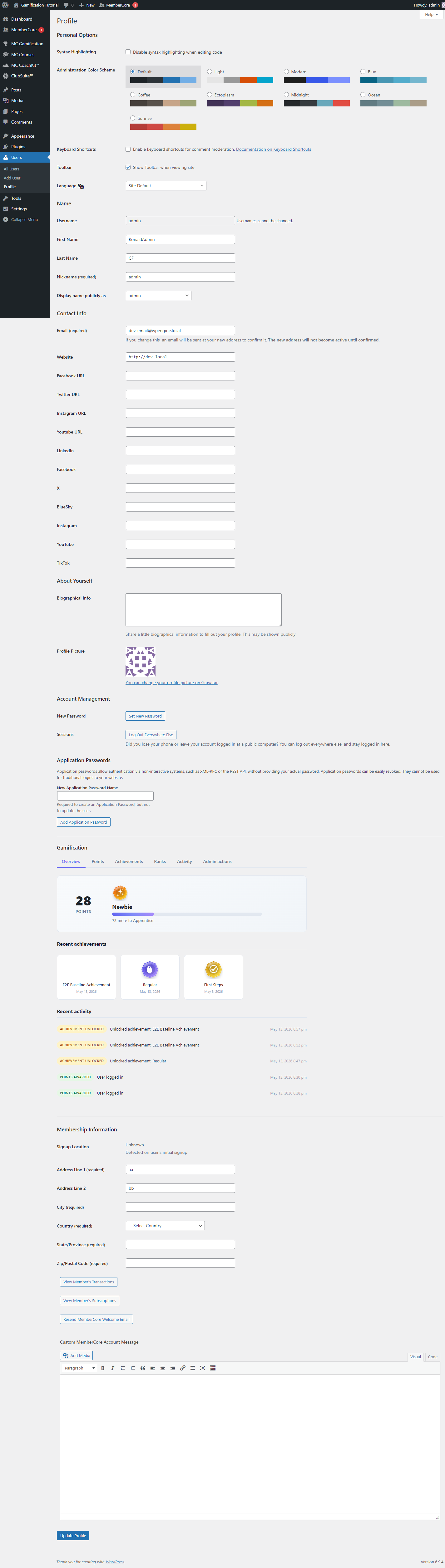 Gamification Panel rendered inside the WordPress Edit Profile page