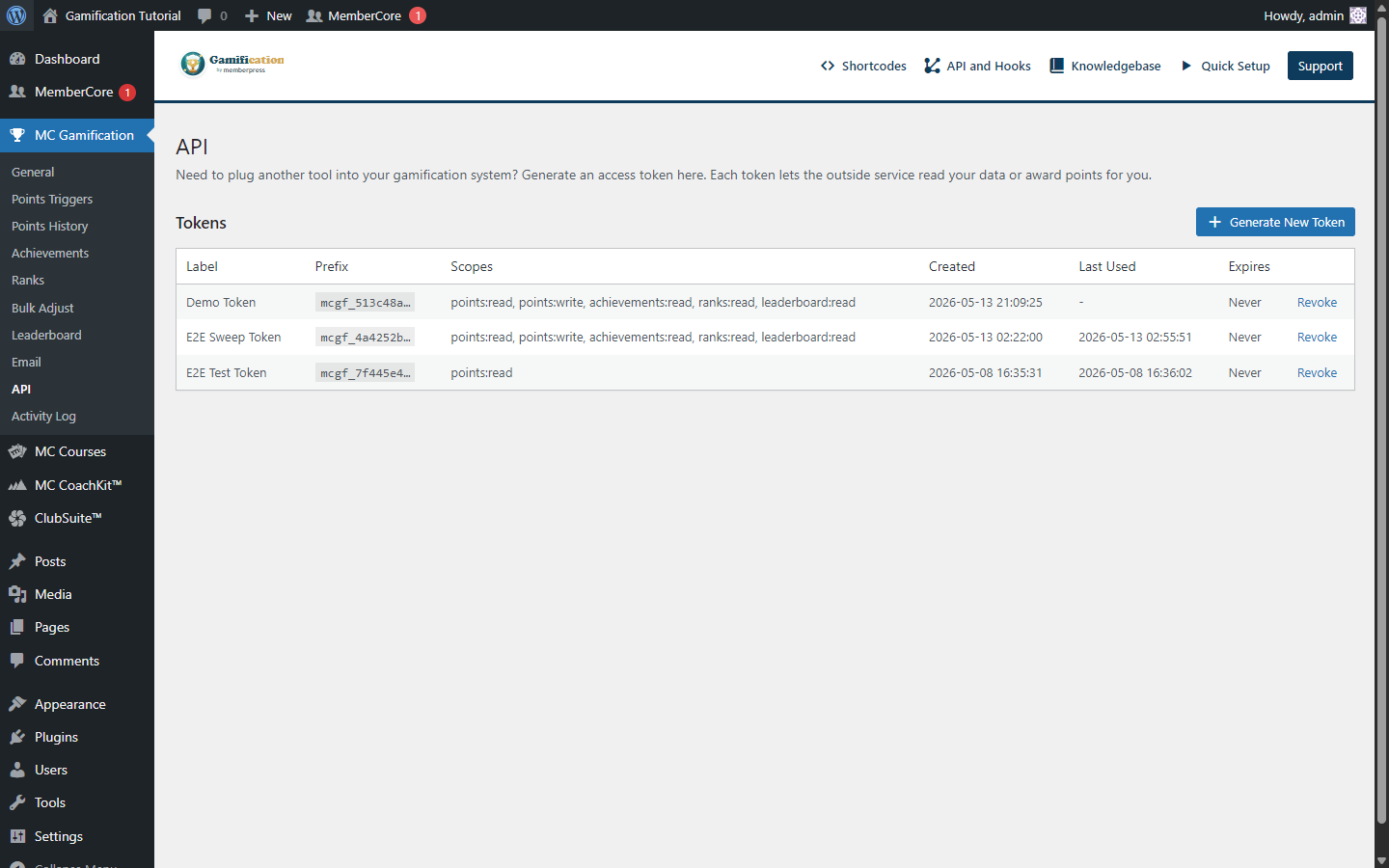 One-time reveal panel displaying the freshly generated token with a Copy button and a Done, I have copied it confirmation