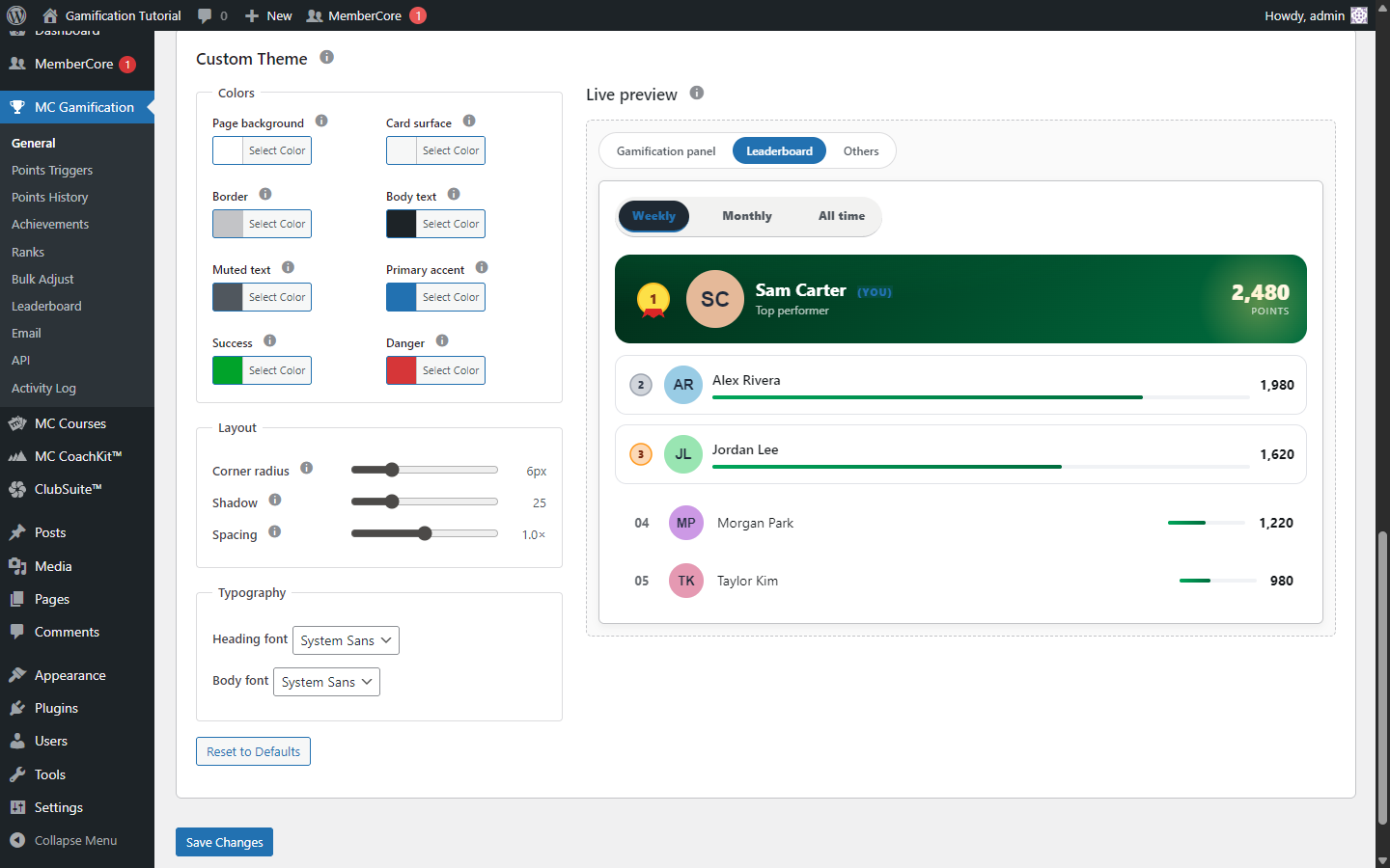 Custom theme live preview, Leaderboard tab, showing the top performer hero card and the ranked list